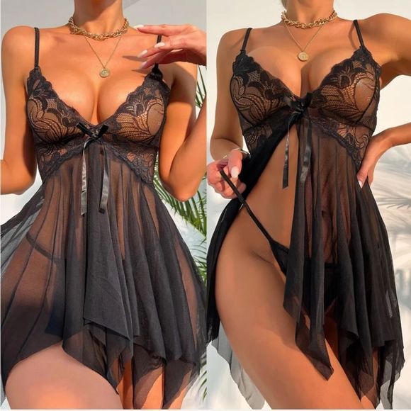 Women Sexy Lingerie Lace Mesh Bow Slips Babydoll Sleepwear Dress With Thong US - Picture 1 of 5